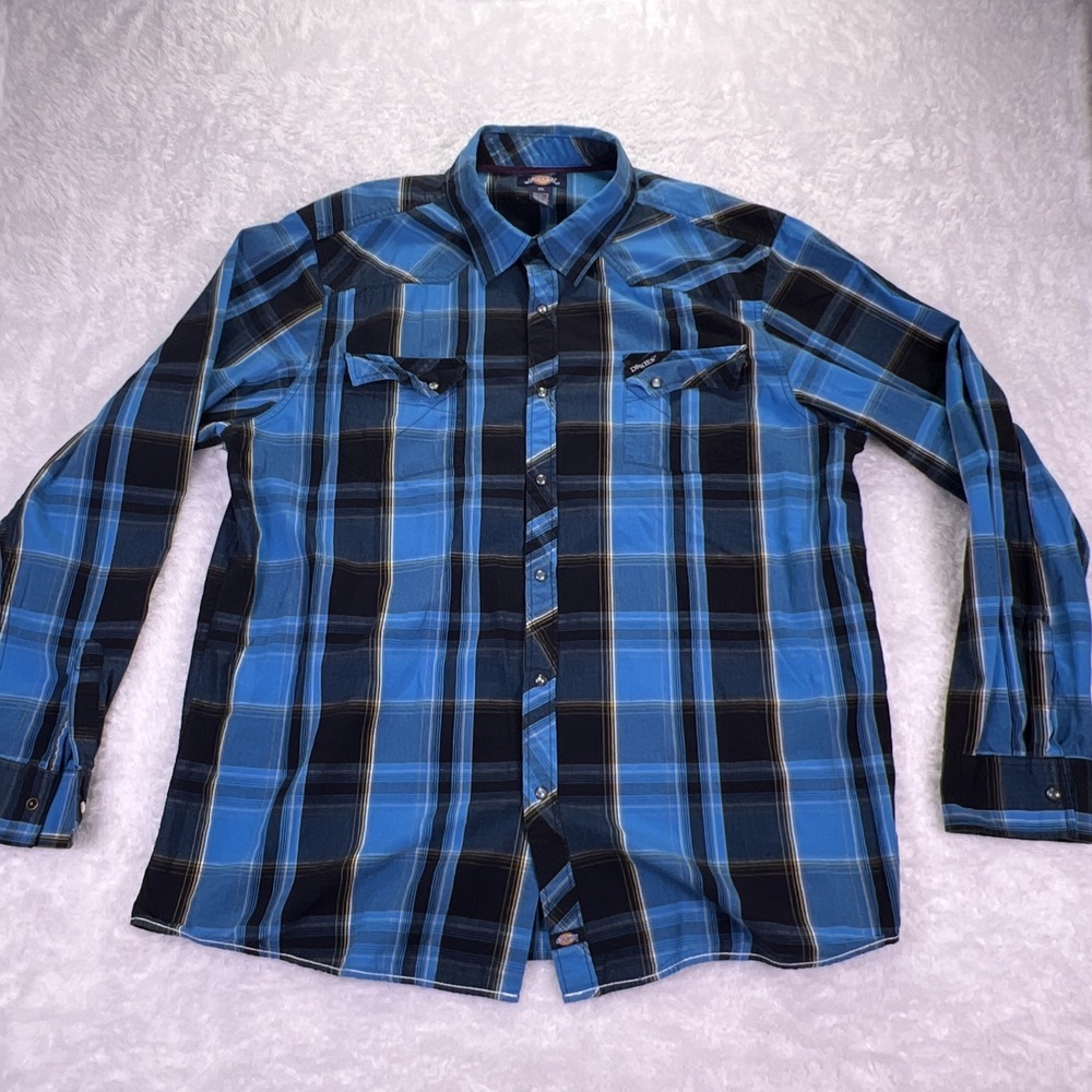 Dickies Men's 3XL Pearl Snaps Blue & Black Plaid Long Sleeve Shirt Western Work